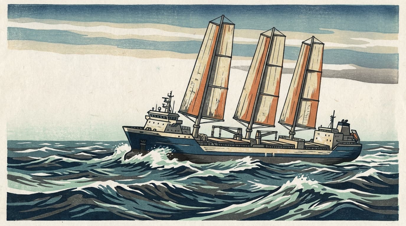 Sail-Assisted Freighter Woodblock Feature