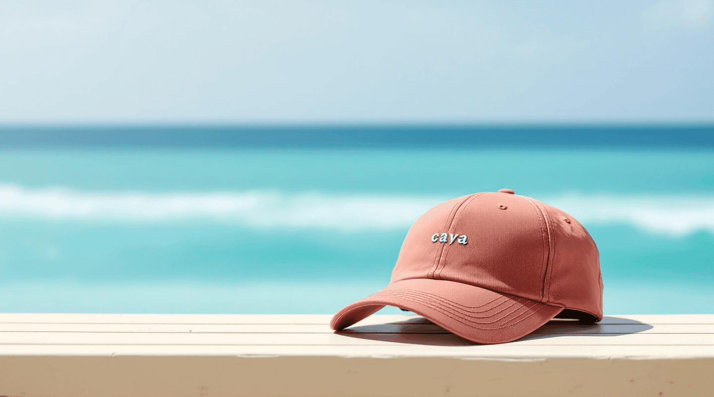 A product photo of a cap on a railing by the ocean, generated by FLUX.1.1 [pro]
