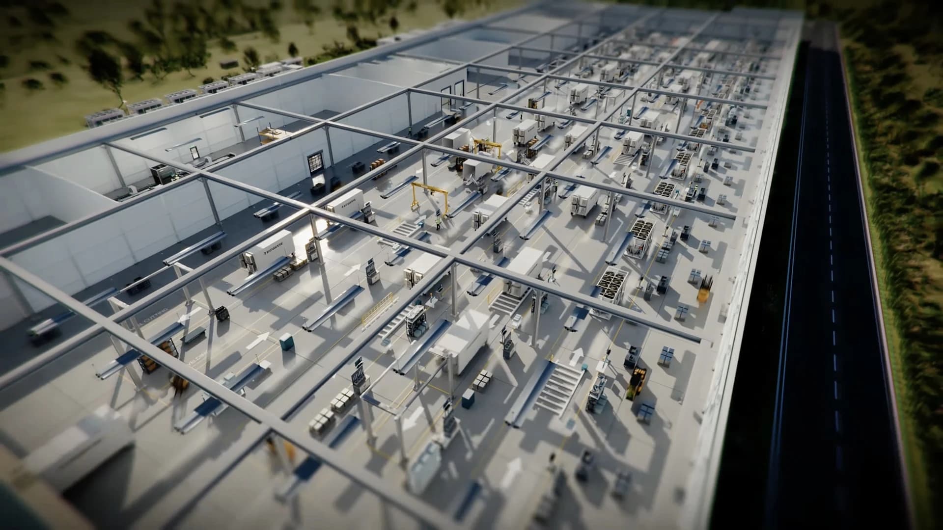 Aerial cutaway of the Sonic Pod factory, with pods moving through assembly stations on the production line