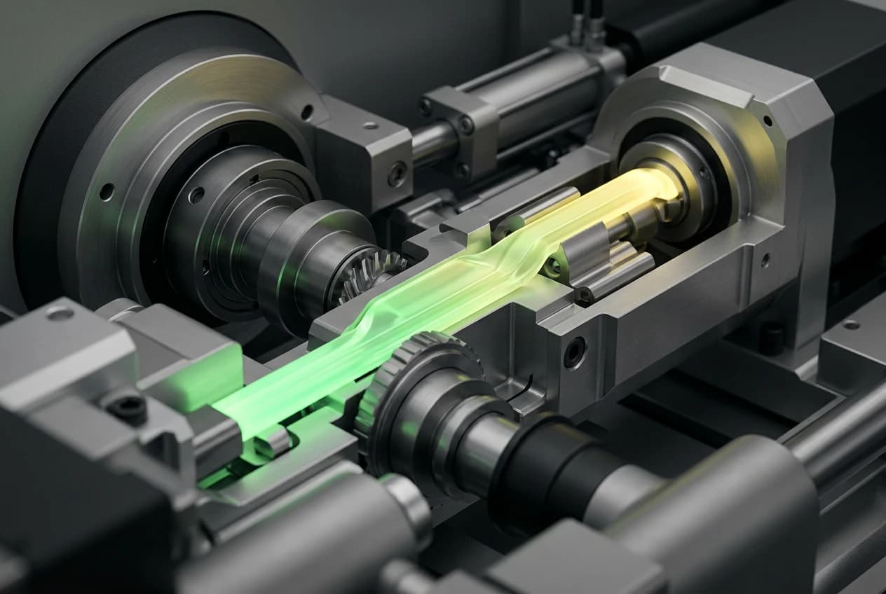 Generated image of precision machinery with a neon green-to-yellow energy stream