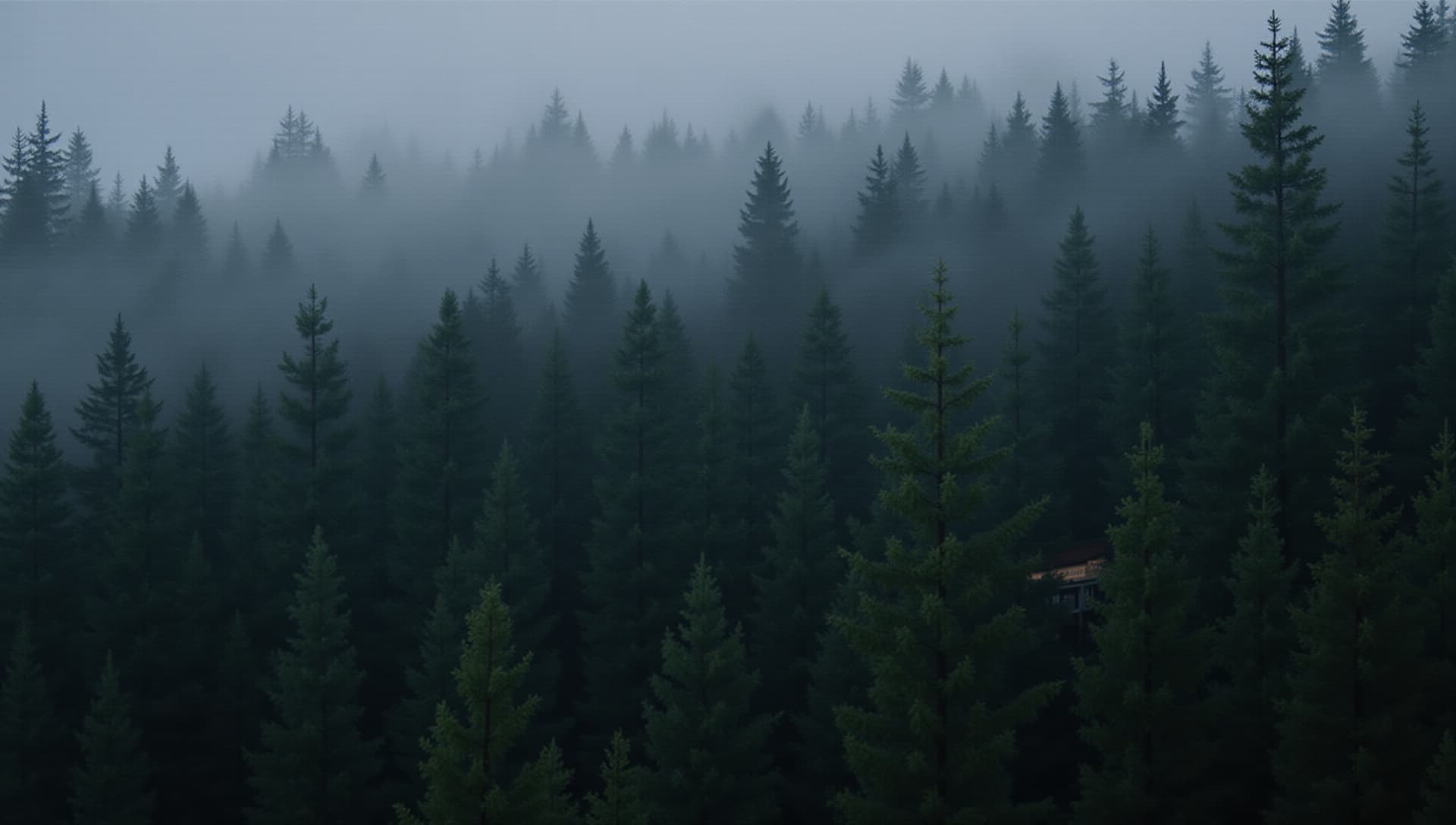 A dense, foggy pine forest, generated by FLUX.1 [dev]