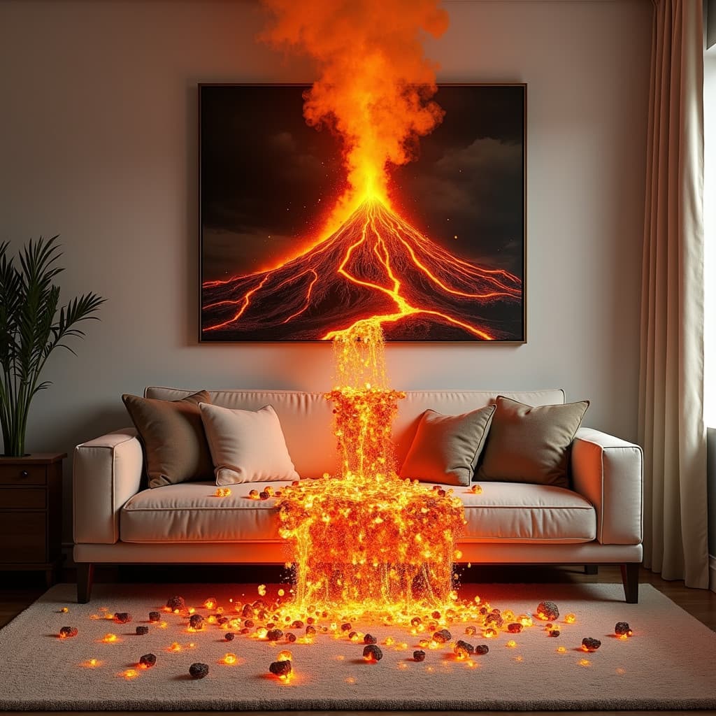 AI Generated - Volcano erupting in living room