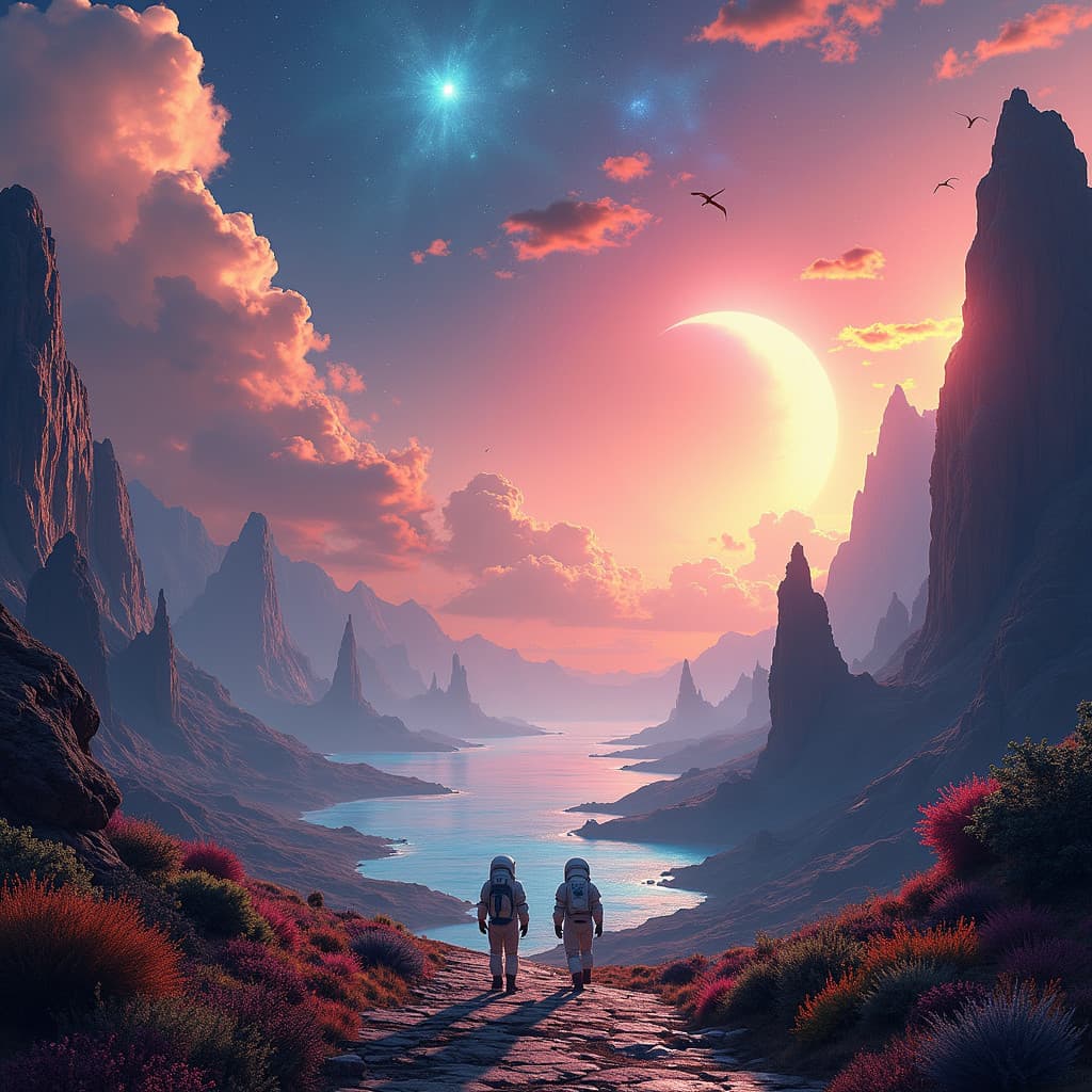 AI Generated - Astronauts in colorful landscape