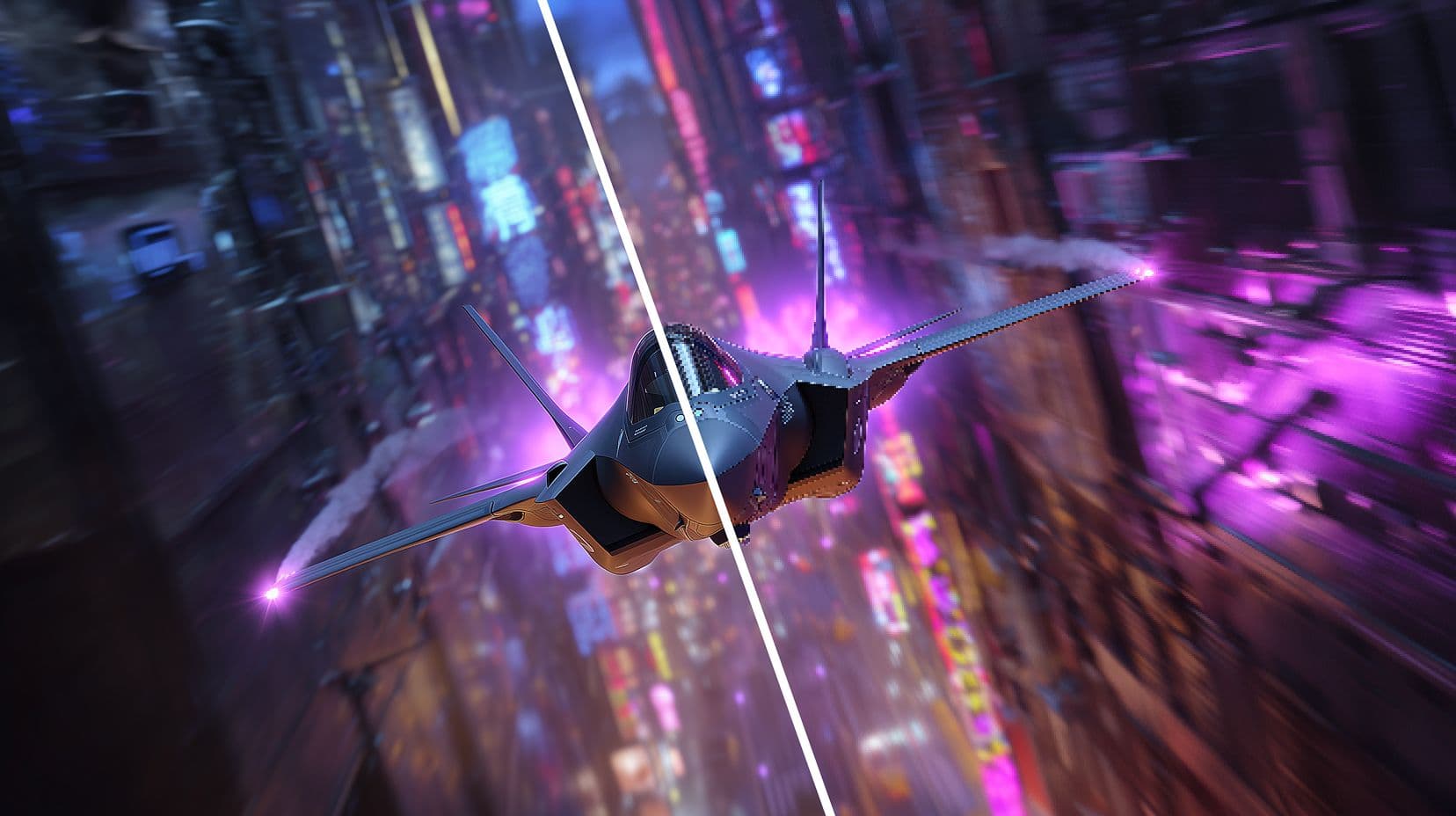 Futuristic stealth jet streaking through a neon-lit cityscape with glowing purple exhaust