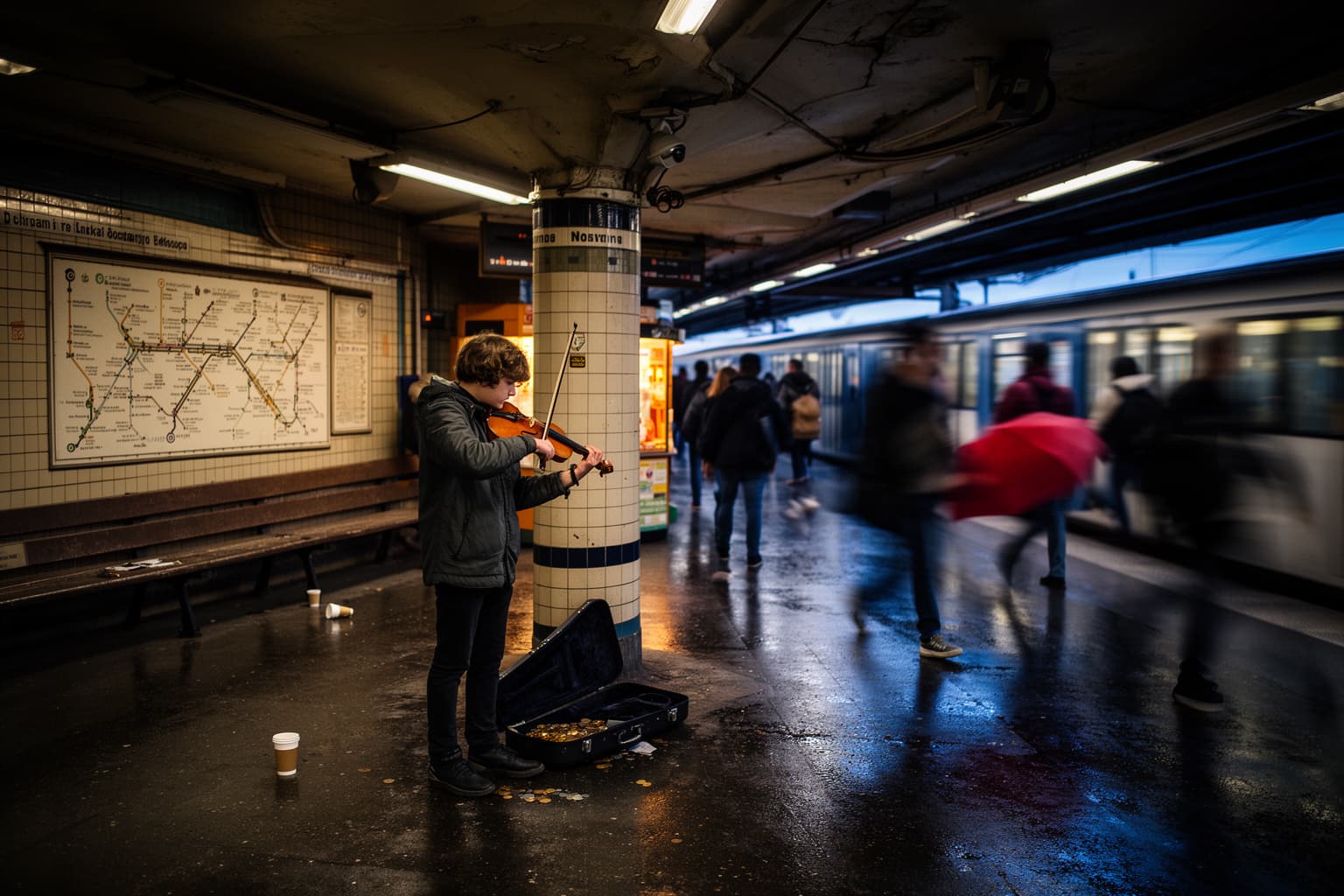 Subway violinist scene analyzed with Gemini 3.1 Flash Lite vision inference.