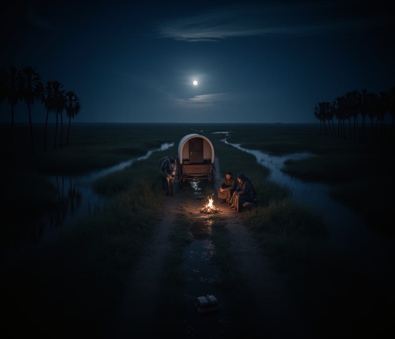 Moonlit Marsh Caravan Encampment