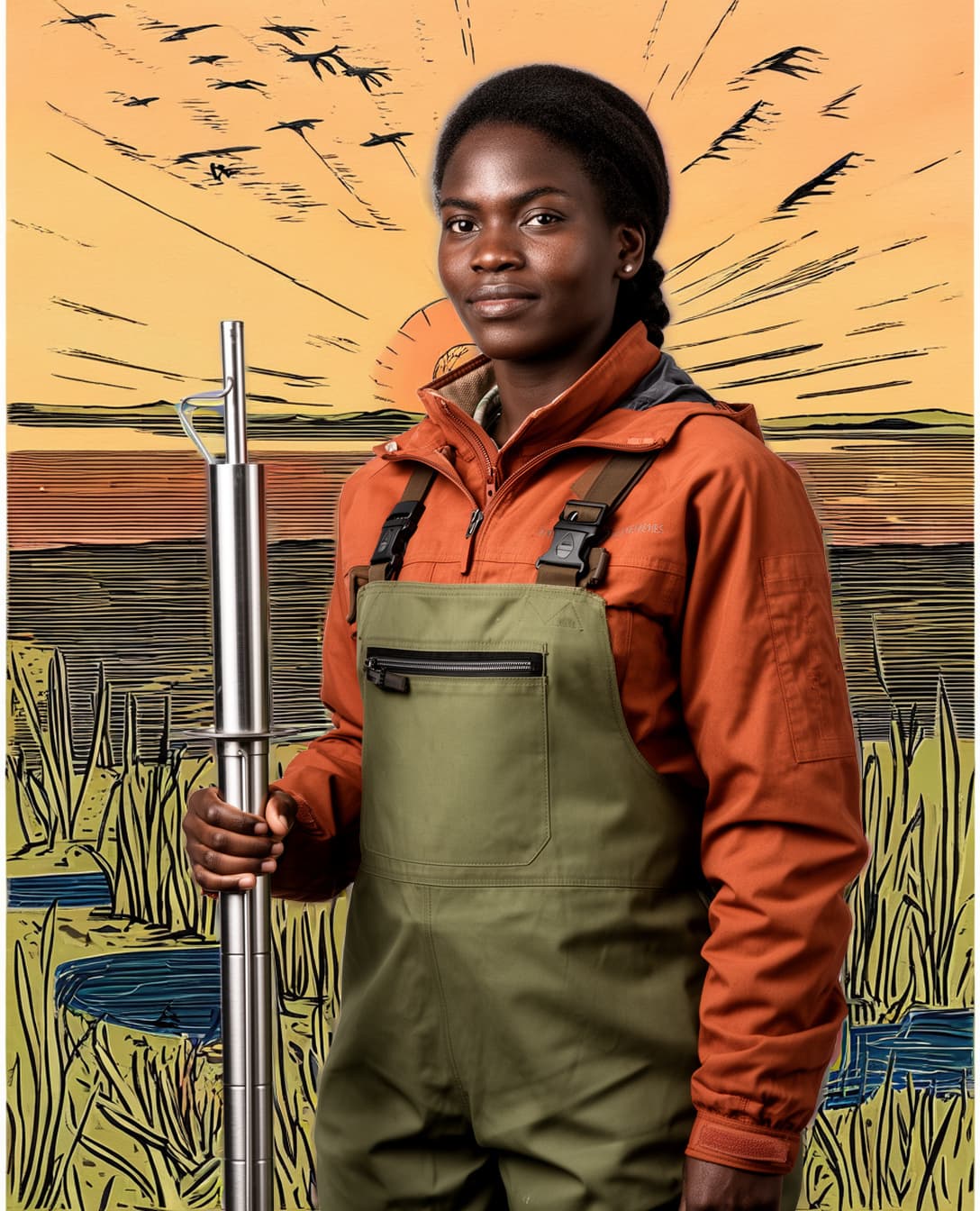 Linocut Wetland Scientist Portrait