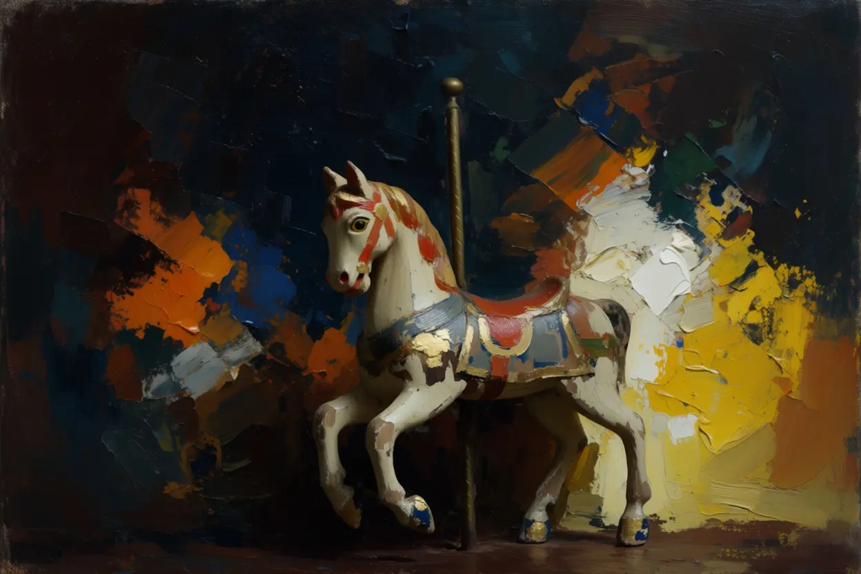 An auction-catalog image of a hand-carved 1890s carousel horse, generated with Krea 2 Large