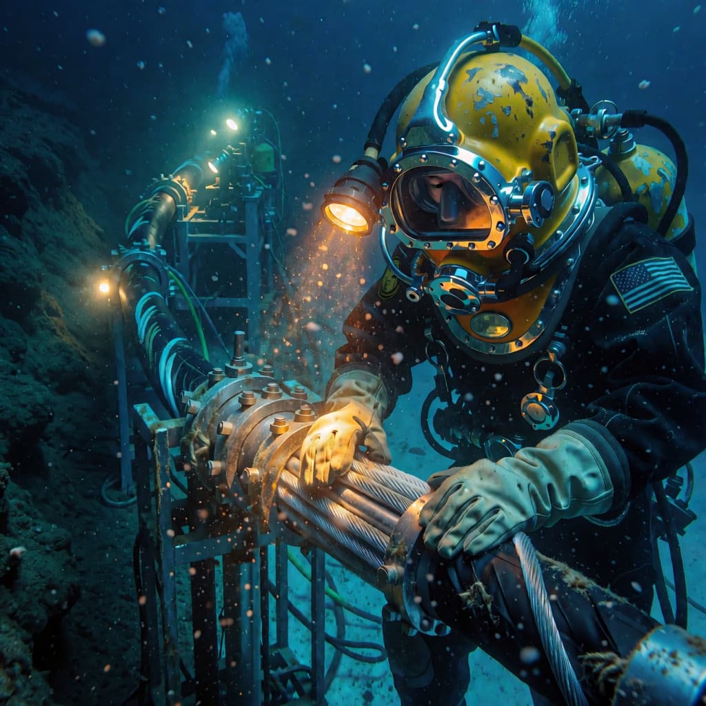 A saturation diver repairing a subsea cable, generated with Krea 2 Raw