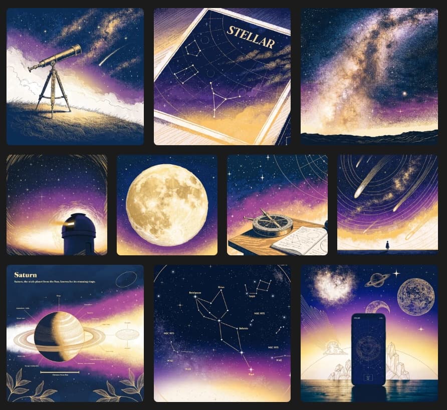 Training set examples for the fictional Stellar brand in Exactly AI Illustrative style