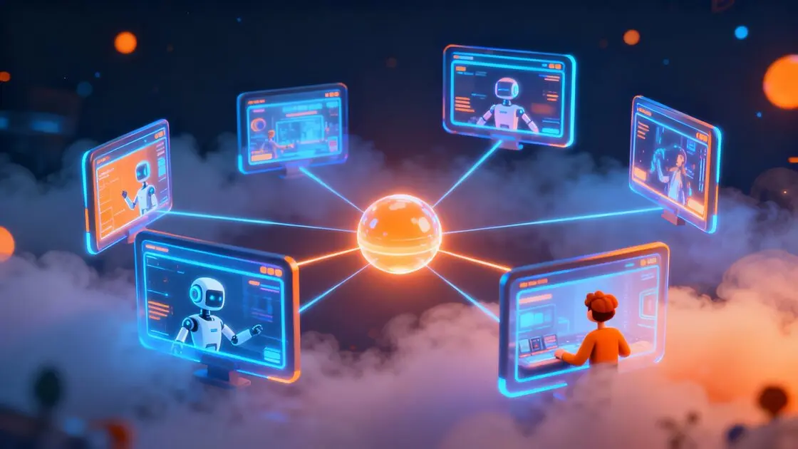 Futuristic network of glowing screens showing robots and a person connected to a central digital sphere amid clouds