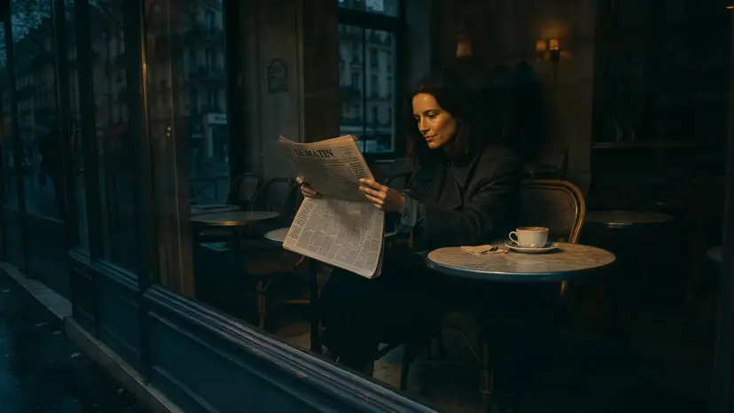 The same café scene edited to evening light with a cappuccino instead of an espresso