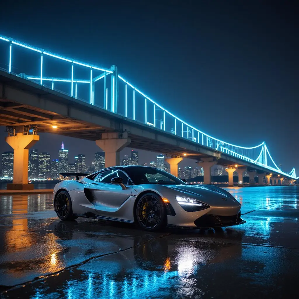 Silver sports car at night under a neon-lit bridge