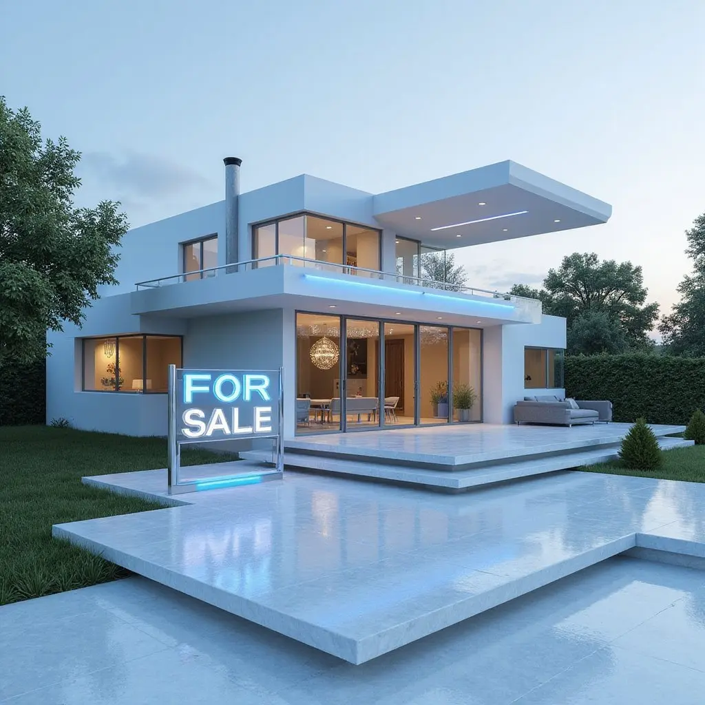 Modern house with FOR SALE sign at sunset