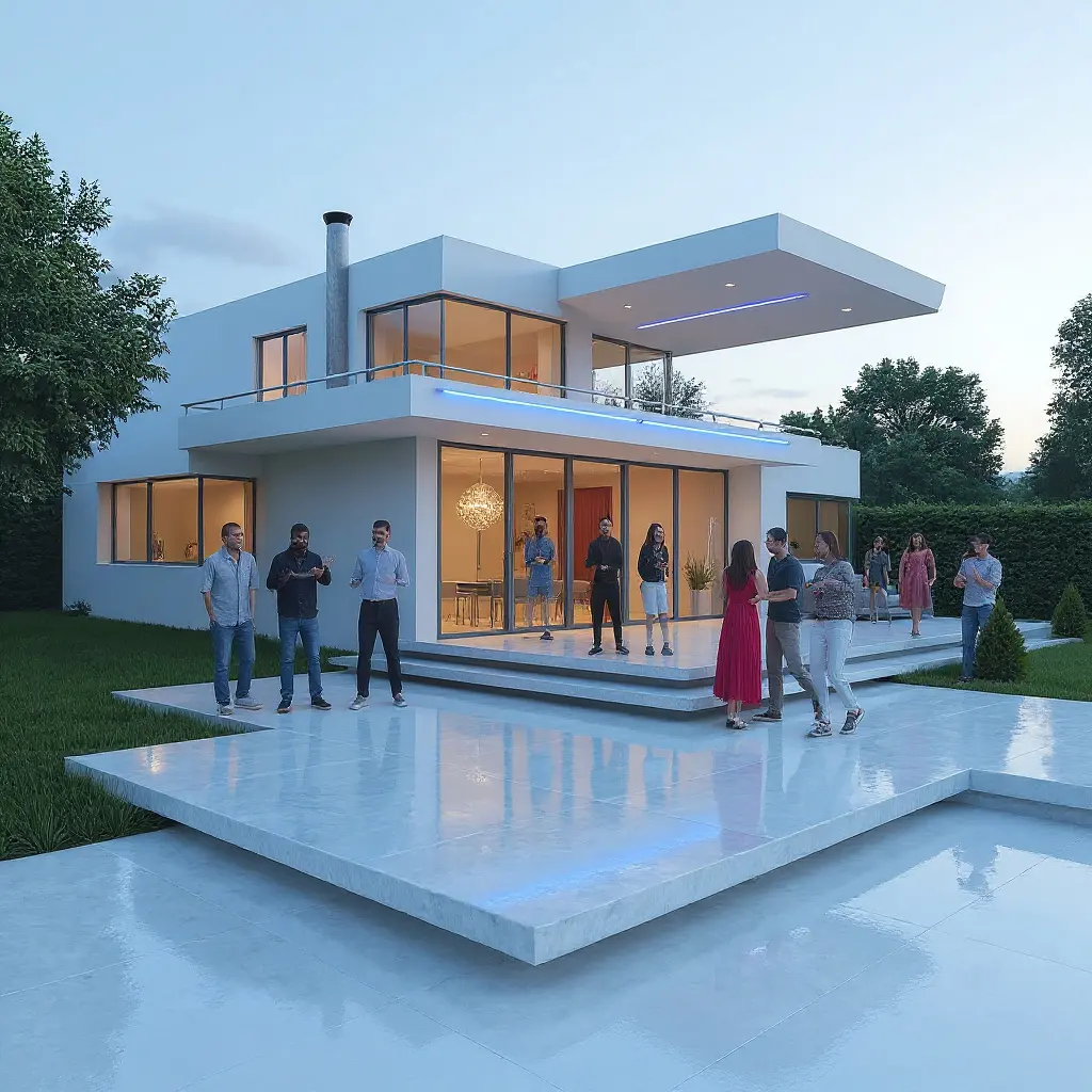 Modern house with party and people