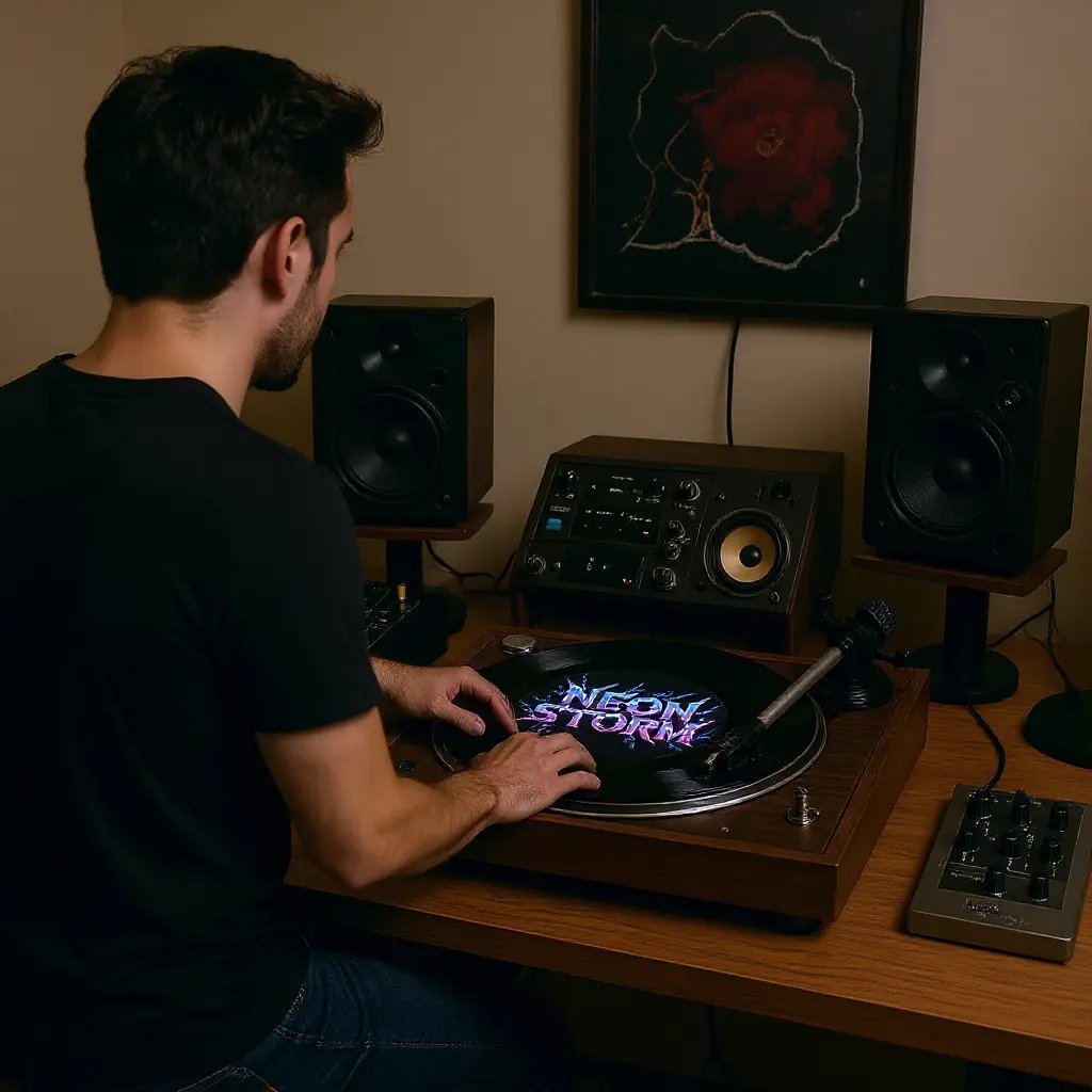 Musician at mixing board with turntable