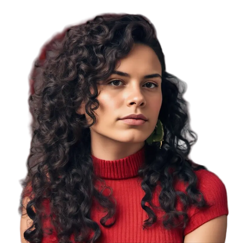 woman with long curly hair blowing in the wind