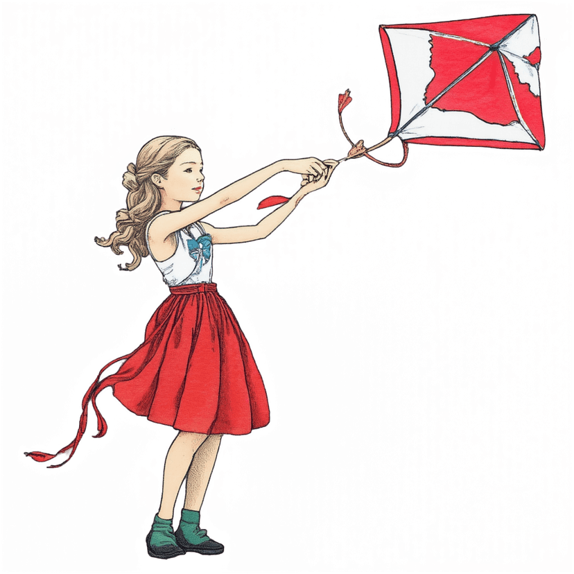 girl flying a kite, hand-drawn style