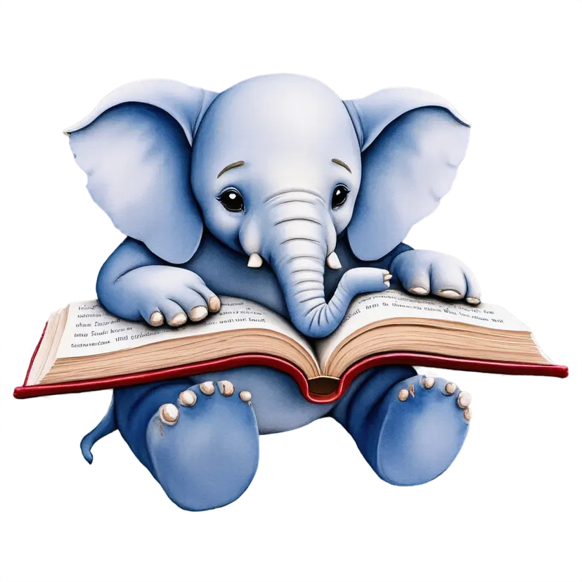 elephant reading a book, watercolor style