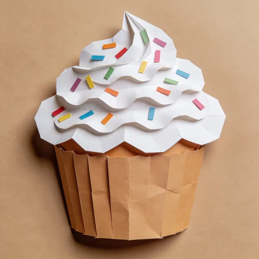 Papercraft-style cupcake, folded paper frosting swirl with colorful sprinkles