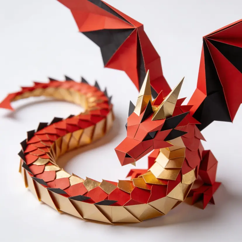 Papercraft-style coiled dragon, folded red and gold paper scales and wings