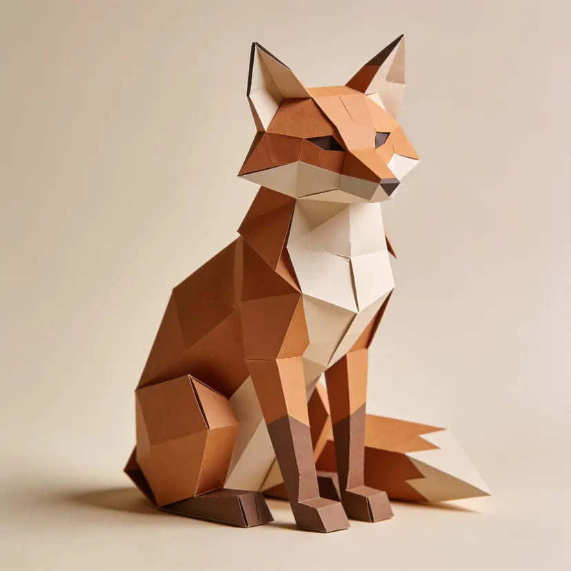 Papercraft-style seated fox, folded paper in rust and cream low-poly panels