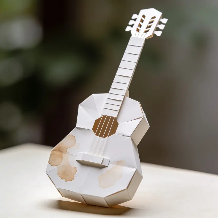 Papercraft-style acoustic guitar, folded cream paper with a faceted body