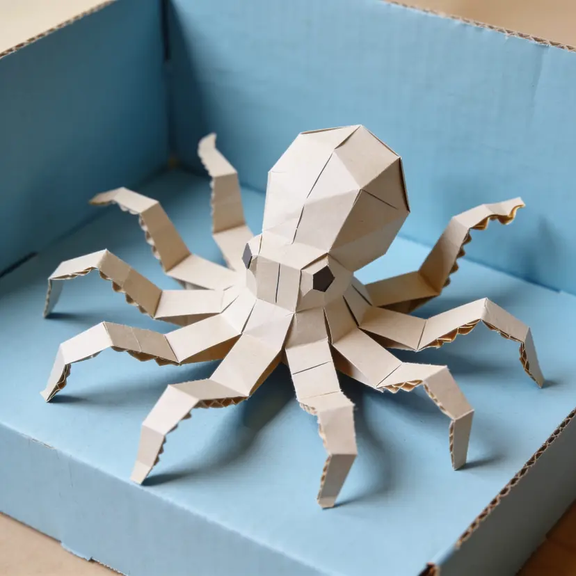 Papercraft-style octopus, low-poly folded cardboard with articulated tentacles