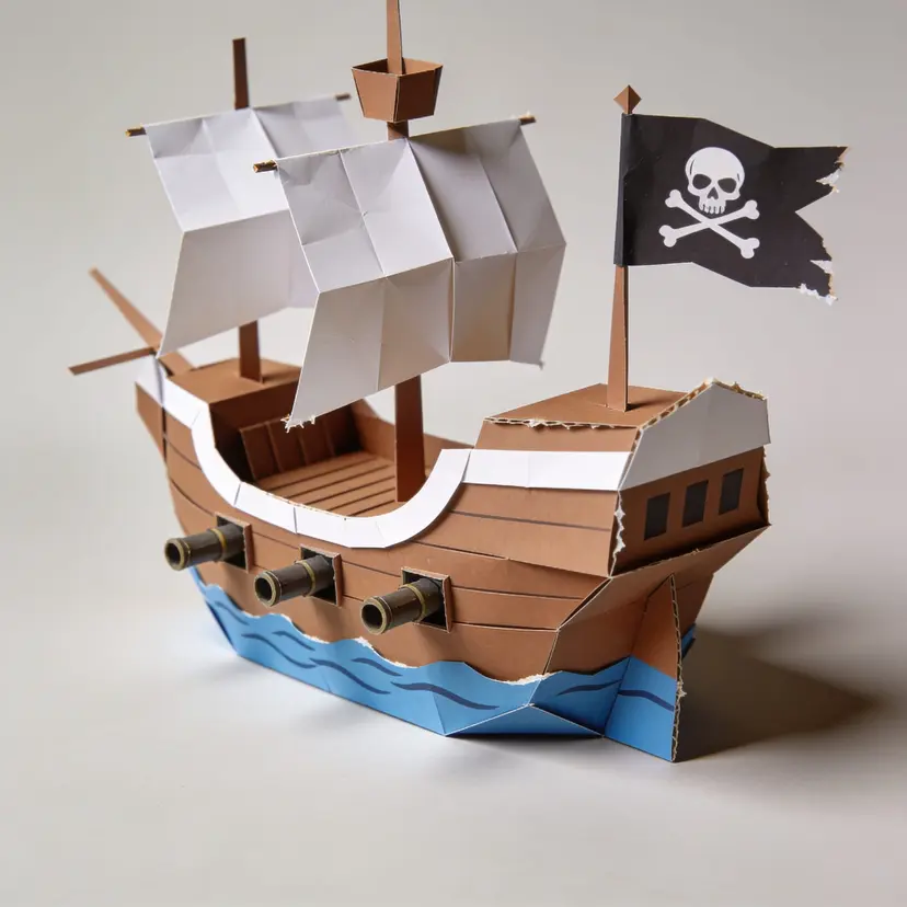 Papercraft-style pirate ship, folded cardboard hull with paper sails and a skull flag