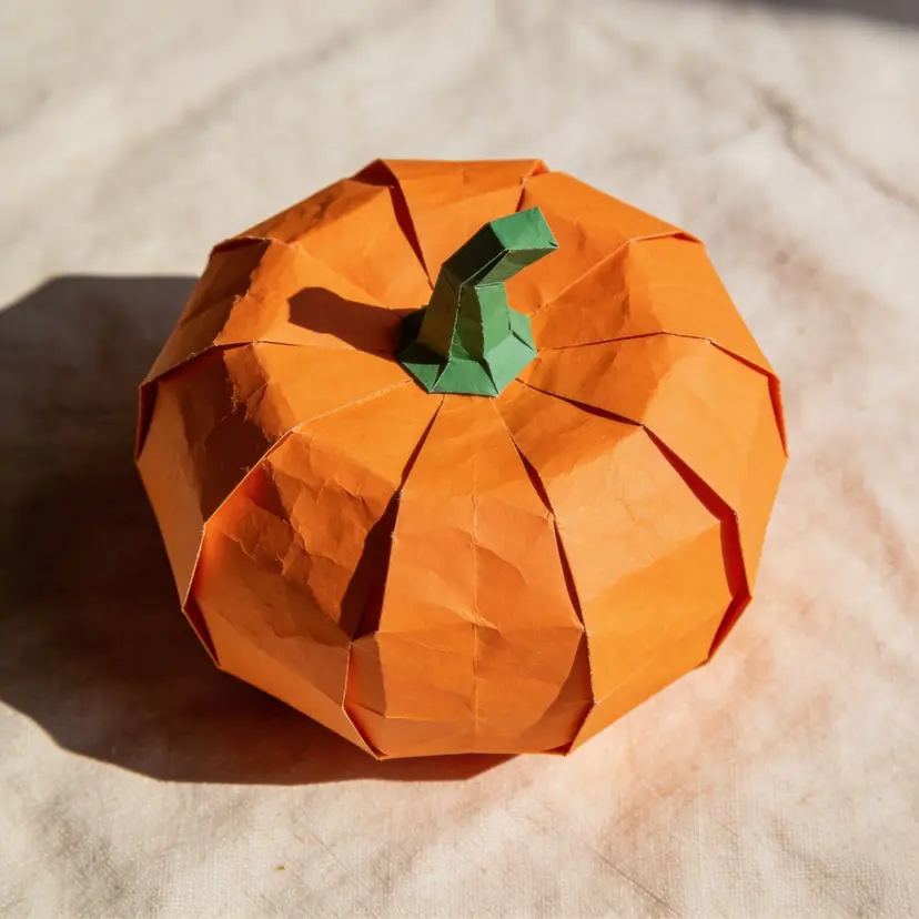 Papercraft-style pumpkin, folded orange paper with a green paper stem