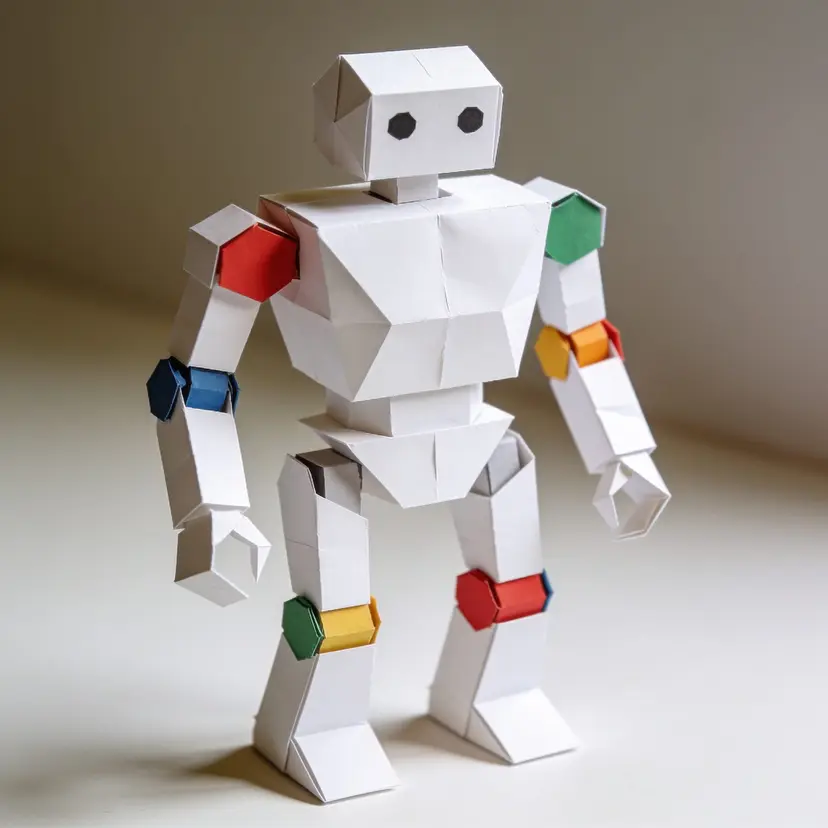 Papercraft-style robot figure, folded white paper with colored joint accents
