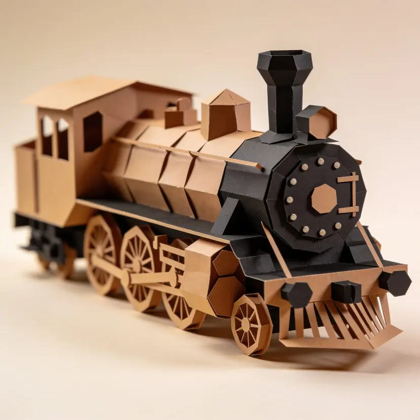 Papercraft-style steam locomotive, folded tan and black cardboard panels