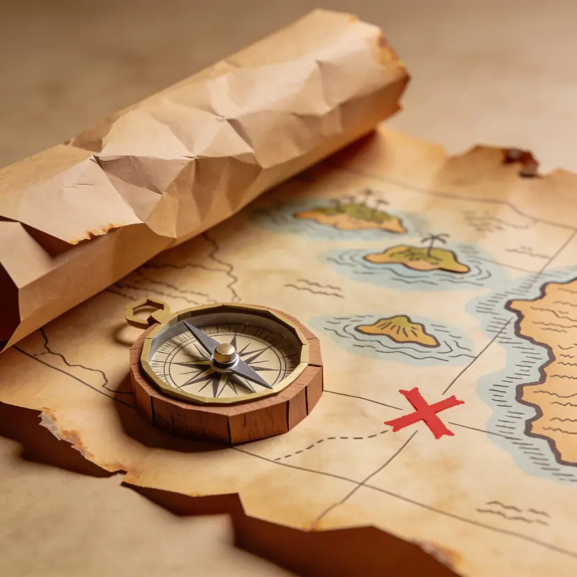 Papercraft-style treasure map and compass, folded paper islands and a red X