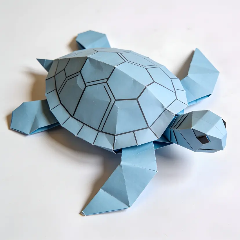 Papercraft-style sea turtle, folded pale blue paper with a faceted shell