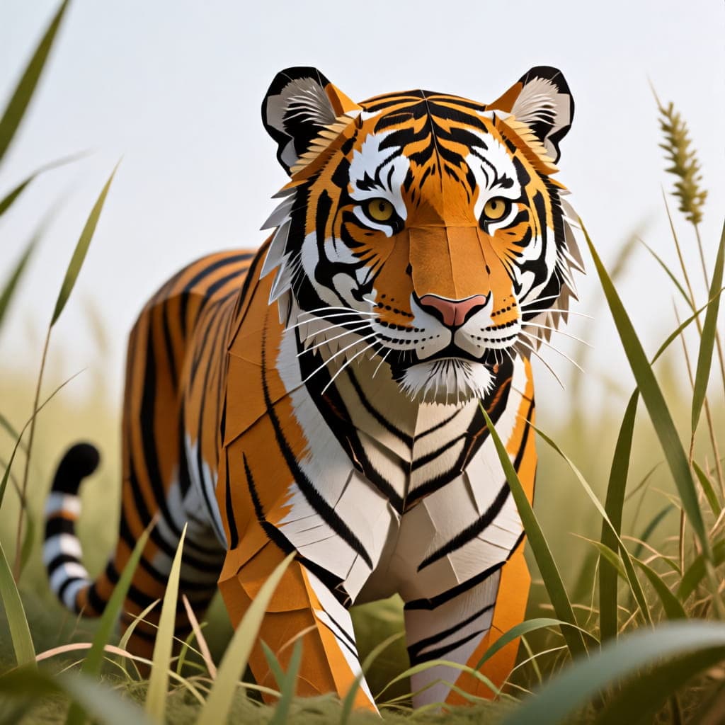Tiger in tall grass showing early papercraft styling after 300 LoRA training steps