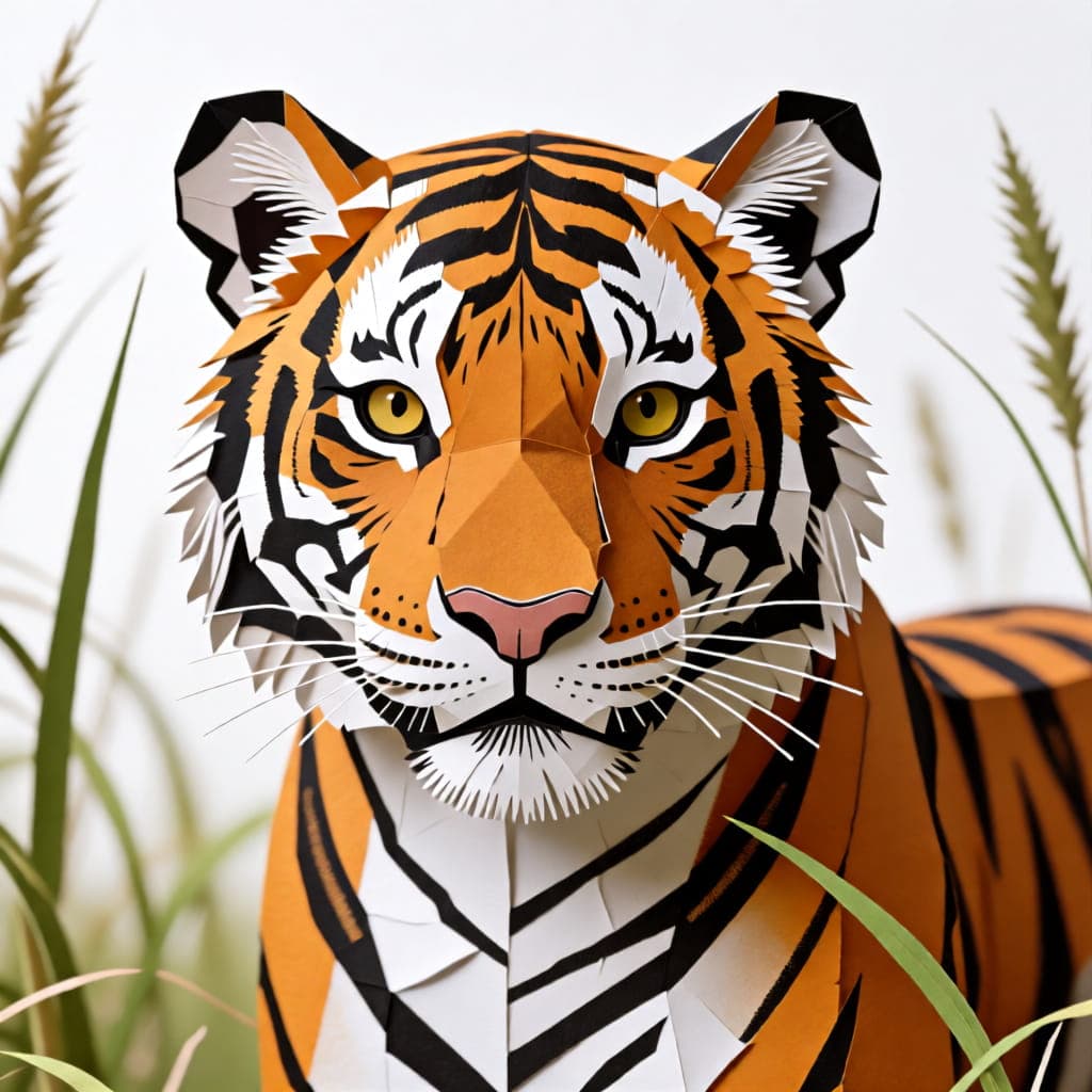 Tiger in tall grass fully rendered in the papercraft low-poly style after 600 LoRA training steps