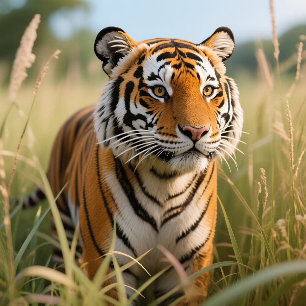 Photorealistic tiger in tall grass, generated with no LoRA applied