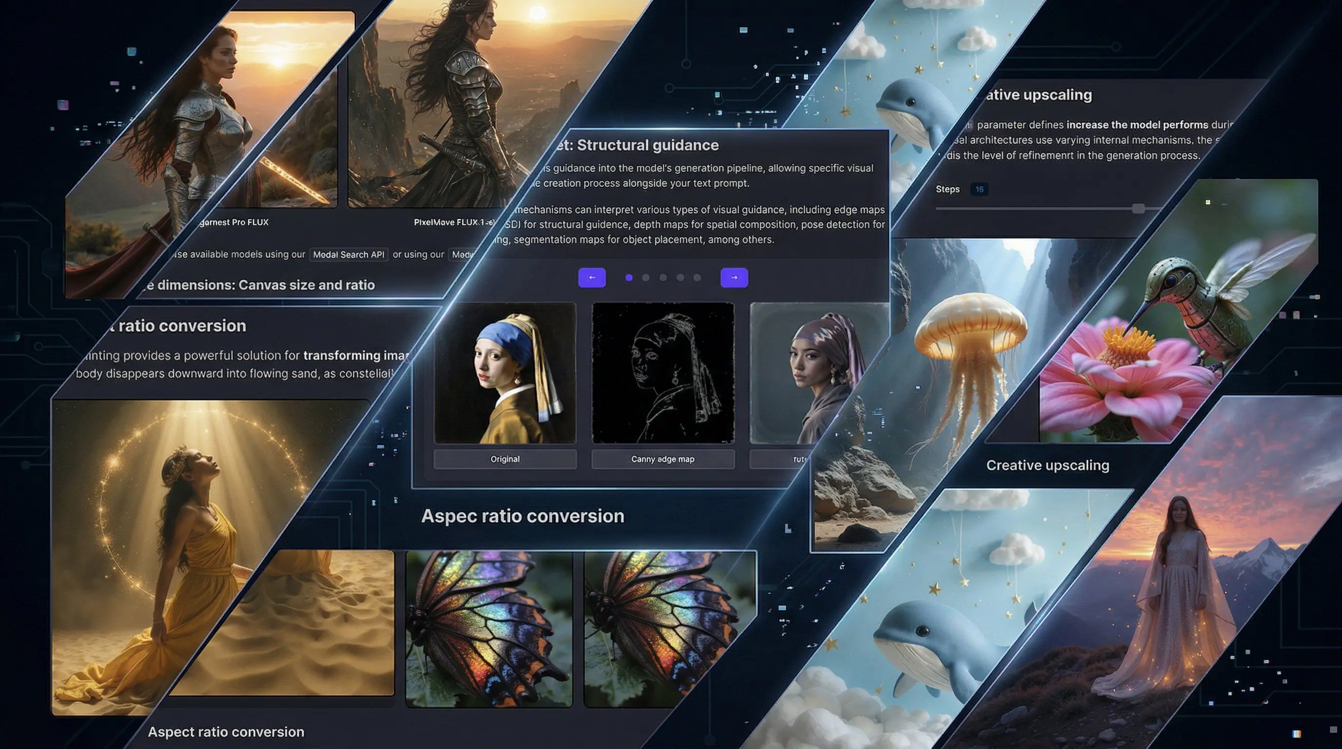 Collage of Guides topics including structural guidance with ControlNet, aspect ratio conversion, creative upscaling, and AI-generated example images