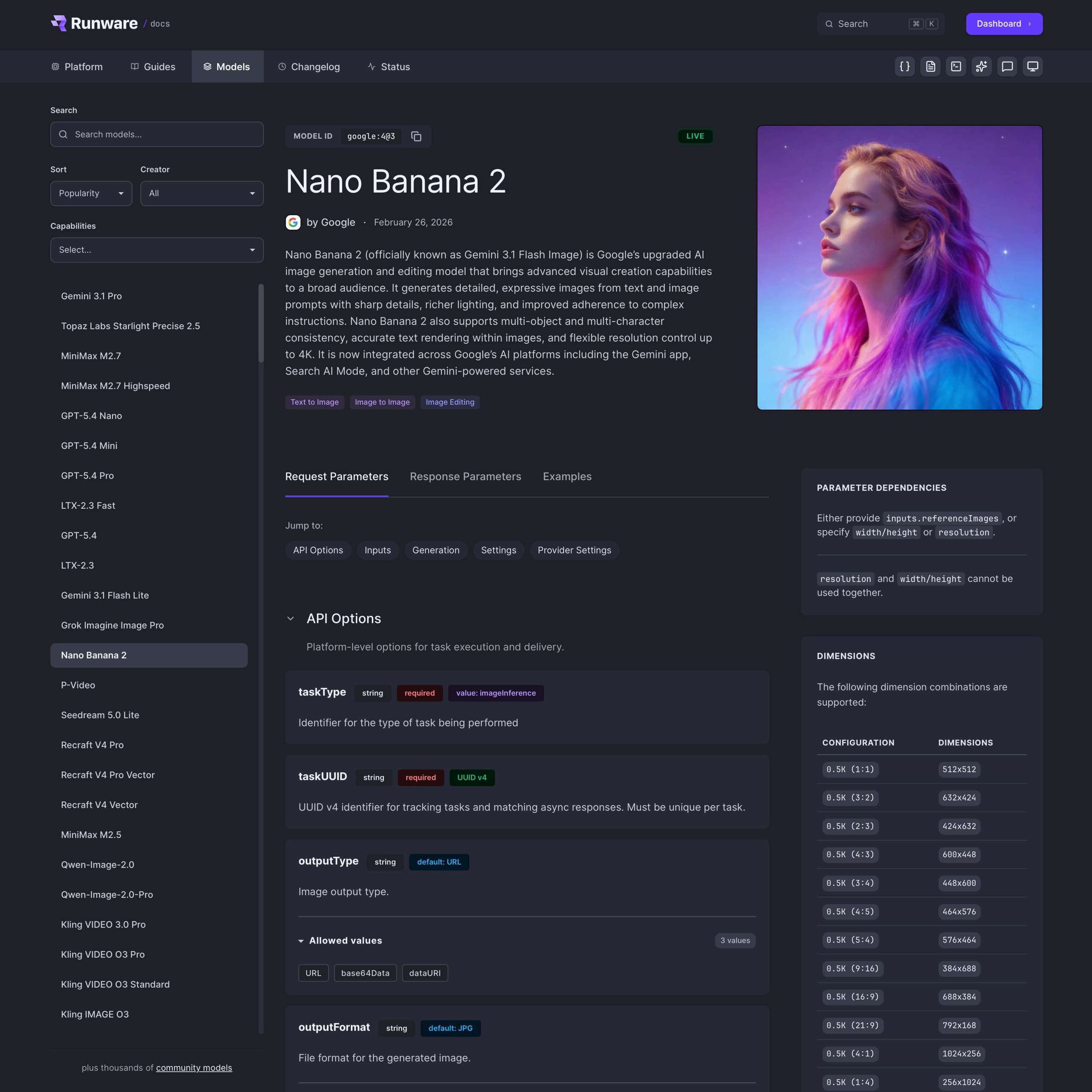 The new documentation showing a dedicated model page with header, badges, parameters, and examples