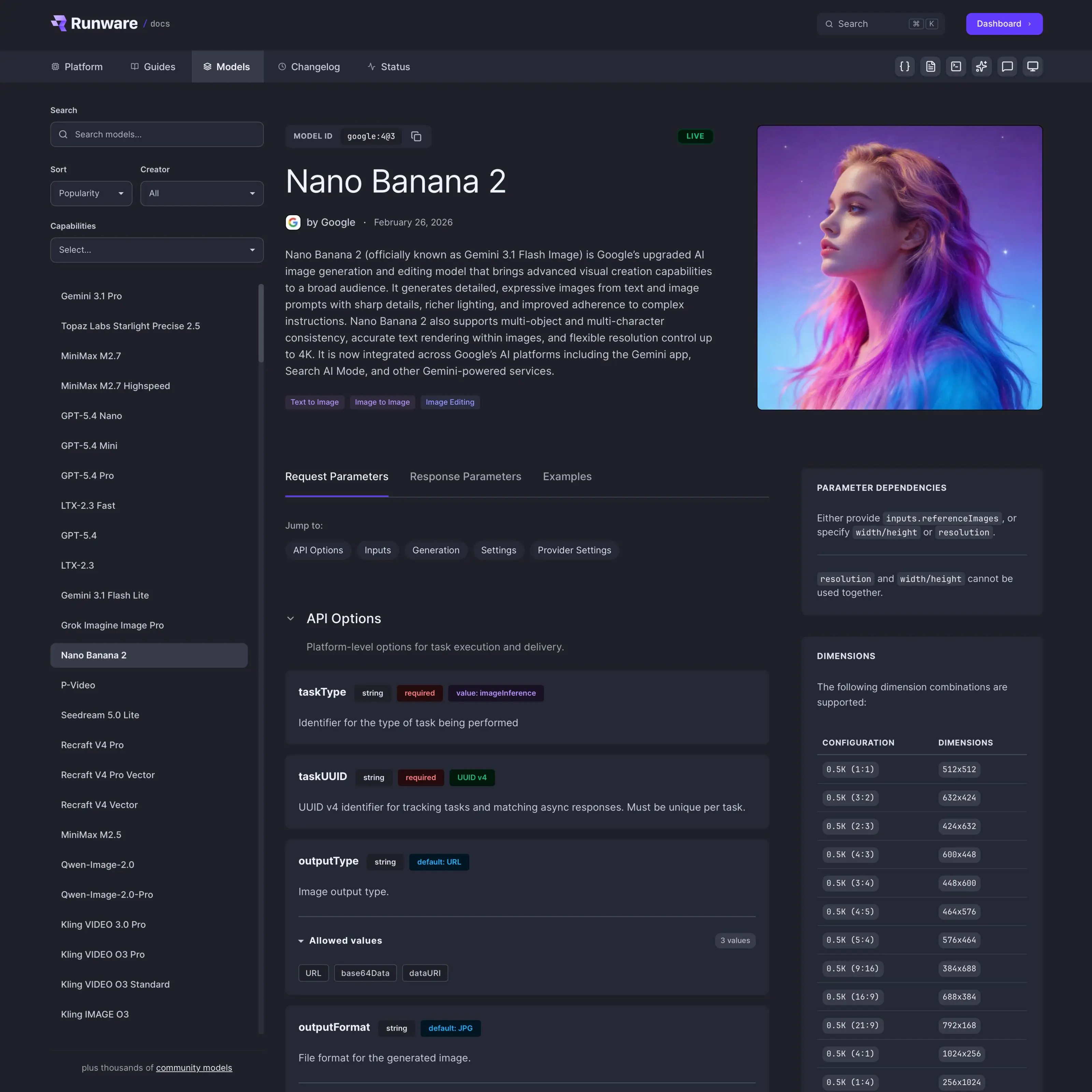 The new documentation showing a dedicated model page with header, badges, parameters, and examples