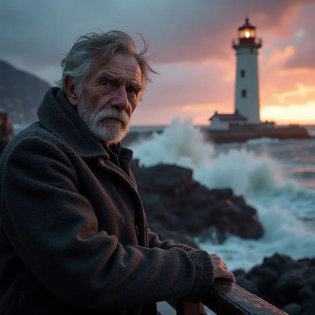 A rugged old man in a heavy wool coat stands against a raging sea, his weathered hands gripping the rail of a storm-battered lighthouse. Waves crash violently against the rocky shore, and the sky is painted in deep purples and oranges as the sun sets behind rolling clouds. His eyes tell a story of solitude, resilience, and untold tales