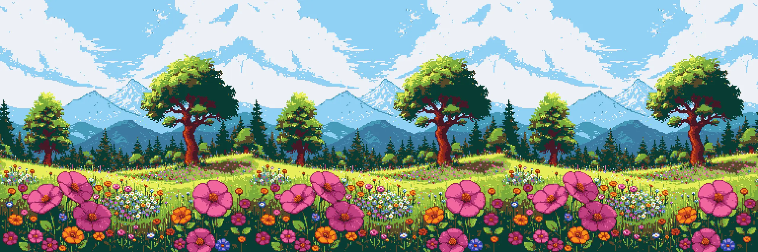 a beautiful pixel art meadow filled with colorful wildflowers, trees, and mountains under a clear blue sky