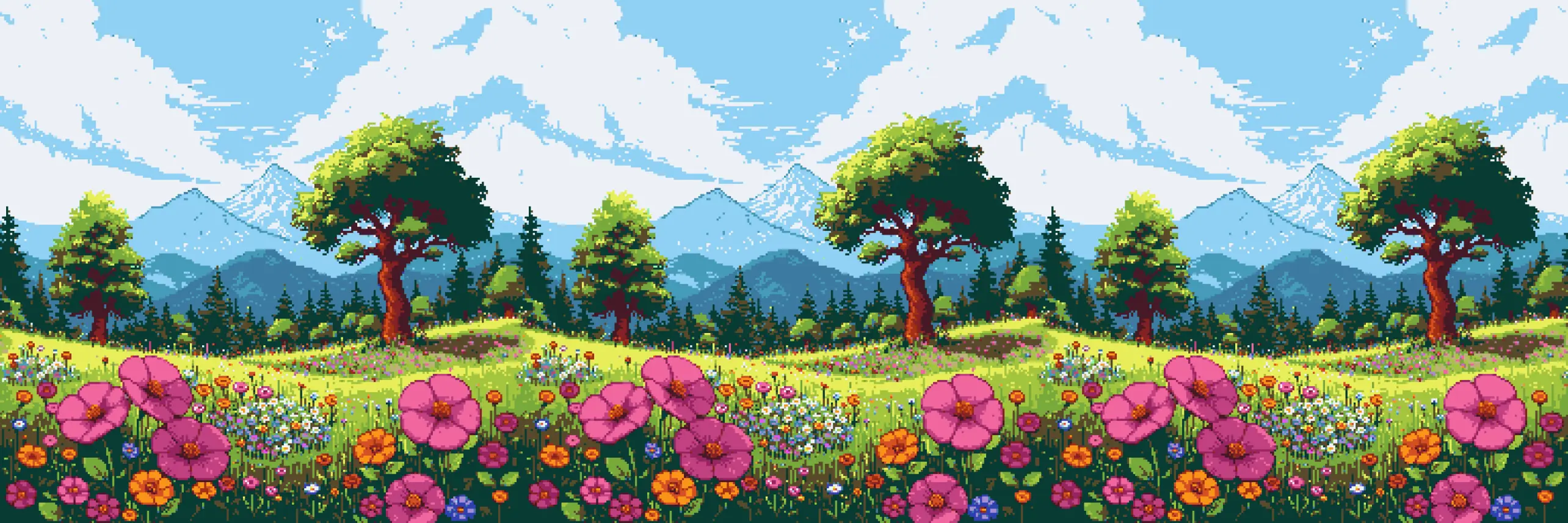 a beautiful pixel art meadow filled with colorful wildflowers, trees, and mountains under a clear blue sky