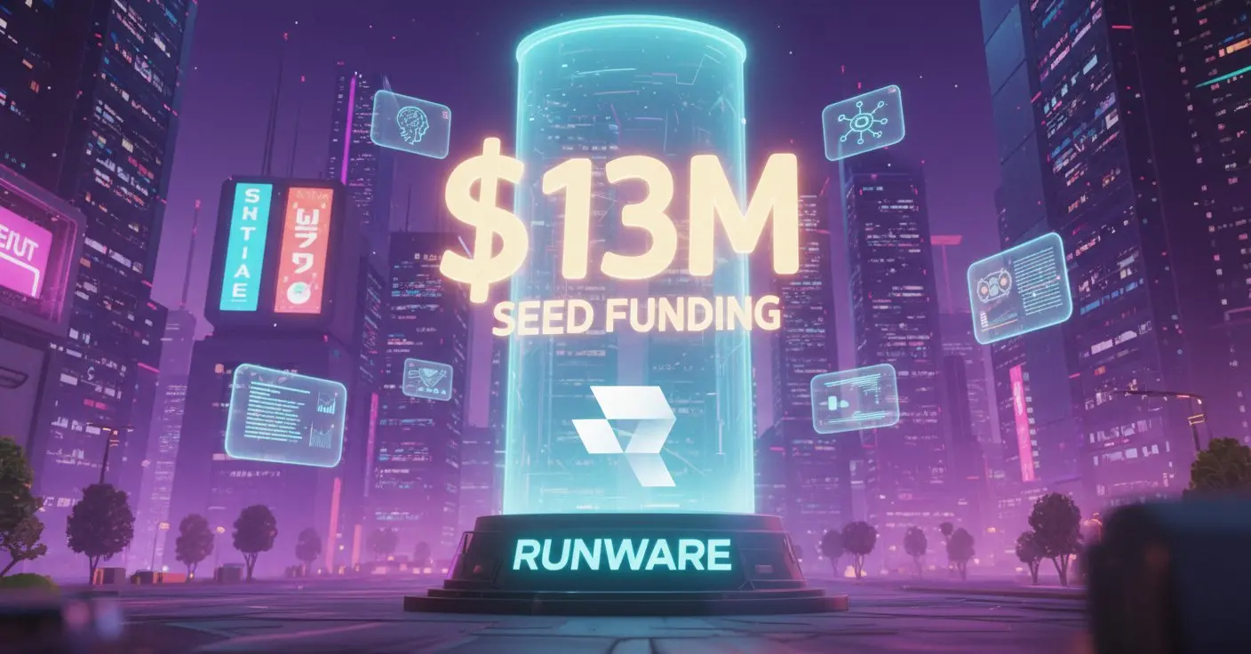 Futuristic city scene with neon lights showing Runware announcement of $13M seed funding in large glowing text