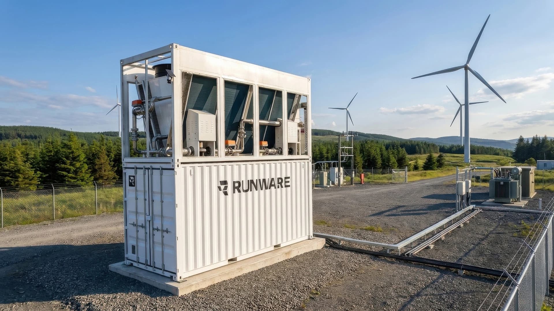 A Runware Sonic Inference Pod deployed beside turbines at an operational wind farm