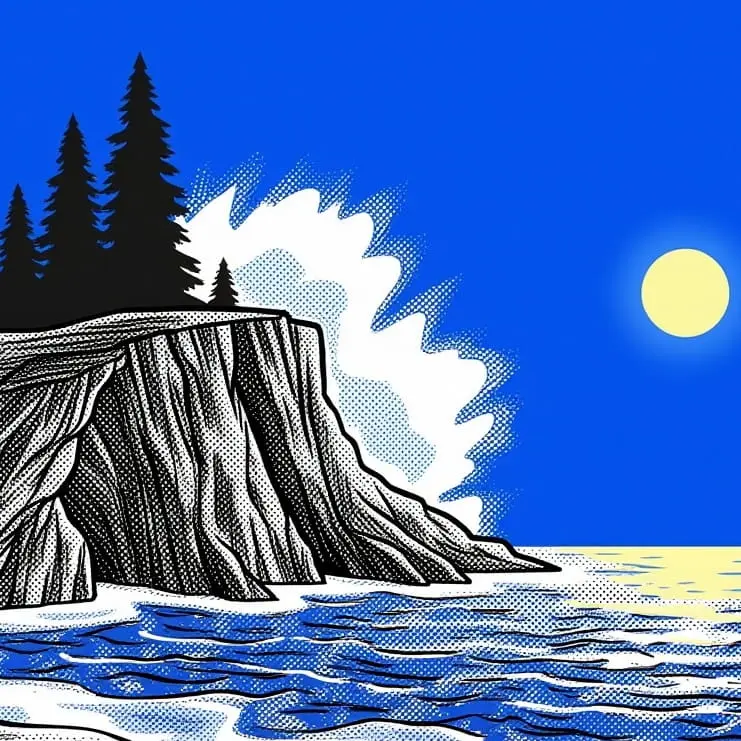 Generated after training: a coastal cliff and sunlit sea in the same blue-and-yellow halftone style
