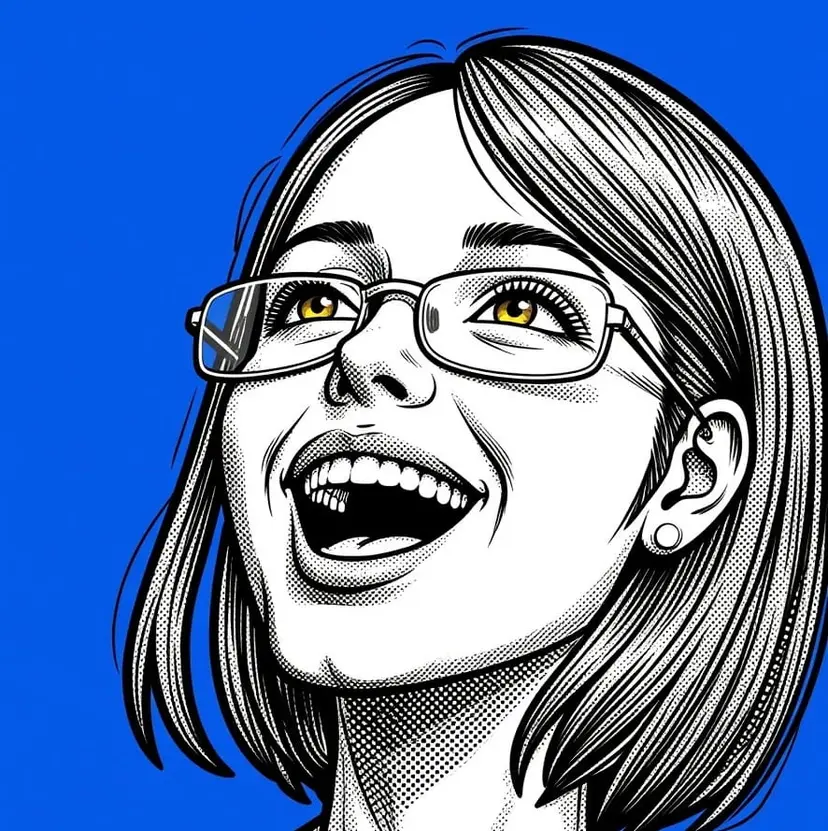 Generated after training: a laughing woman wearing glasses, in the same blue-and-yellow halftone style