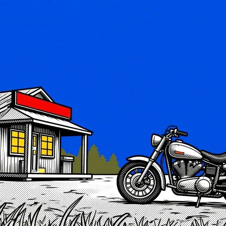 Generated after training: a roadside gas station and motorcycle, in the same blue-and-yellow halftone style