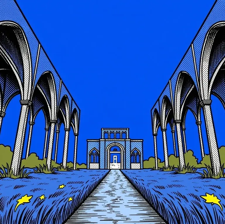 Generated after training: an arched courtyard leading to a palace, in the same blue-and-yellow halftone style