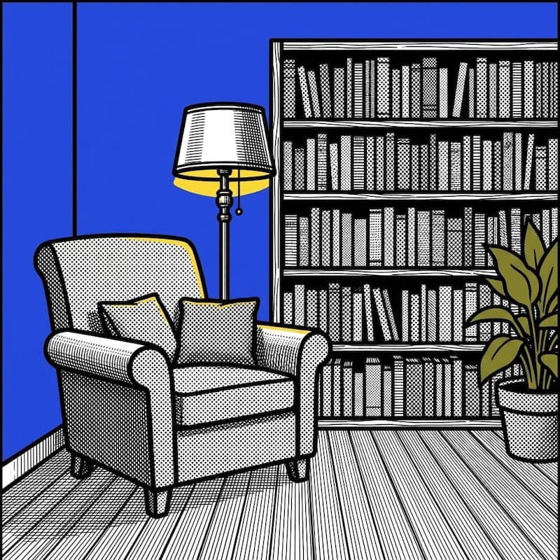 Training image: a blue-and-yellow halftone illustration of an armchair, floor lamp, and bookshelf